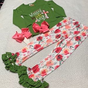 Girls 2-Piece “Blessed By The Best” Outfit with 2 Clip Bows, NEW, Size 4-5